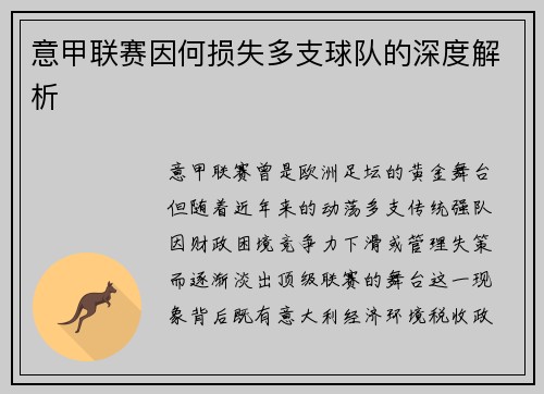 意甲联赛因何损失多支球队的深度解析